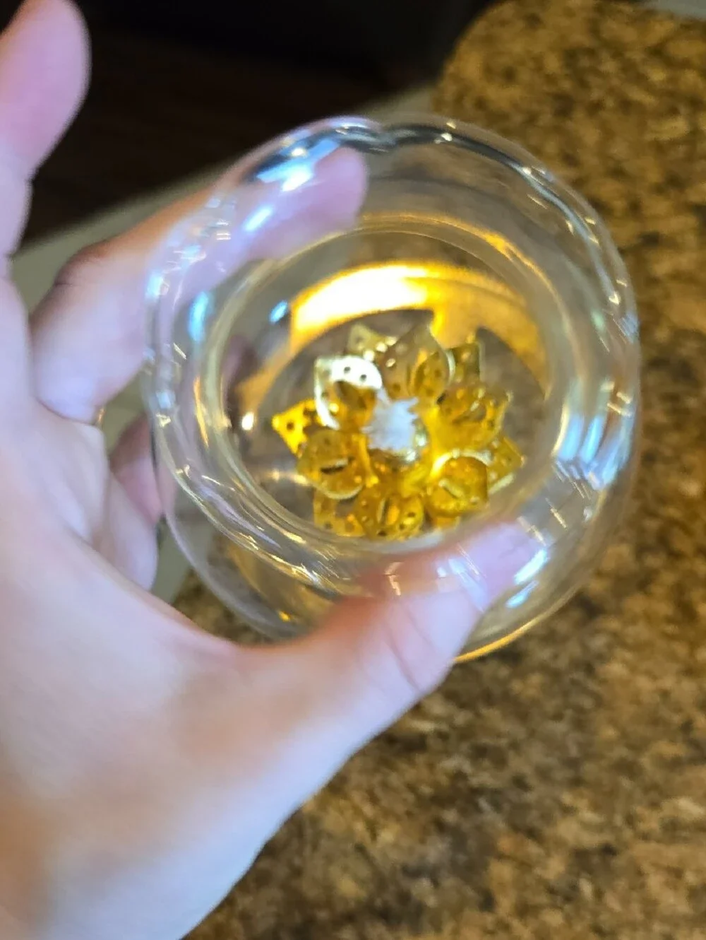 Source Unknown Amber Glass Lantern with Gold Floral Accent